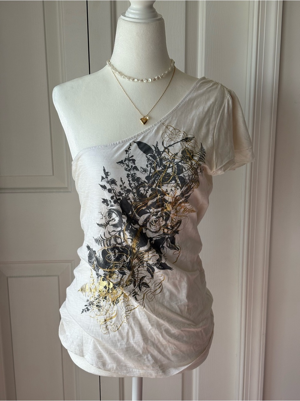 Express White One-Shoulder Tee with Black & Gold Floral Graphic